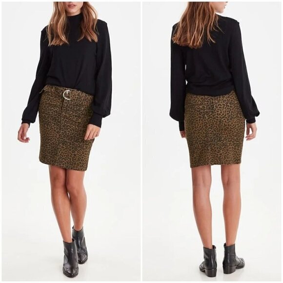 ICHI leopard print stretchy brown denim mini pencil skirt - Picture 1 of 4